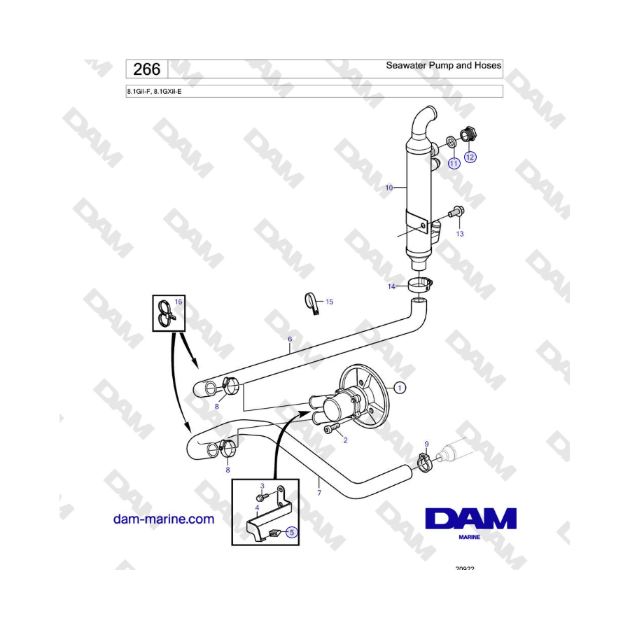 Volvo Penta 8.1GiI-F, 8.1GXiI-E - Bomba de agua de mar y mangueras