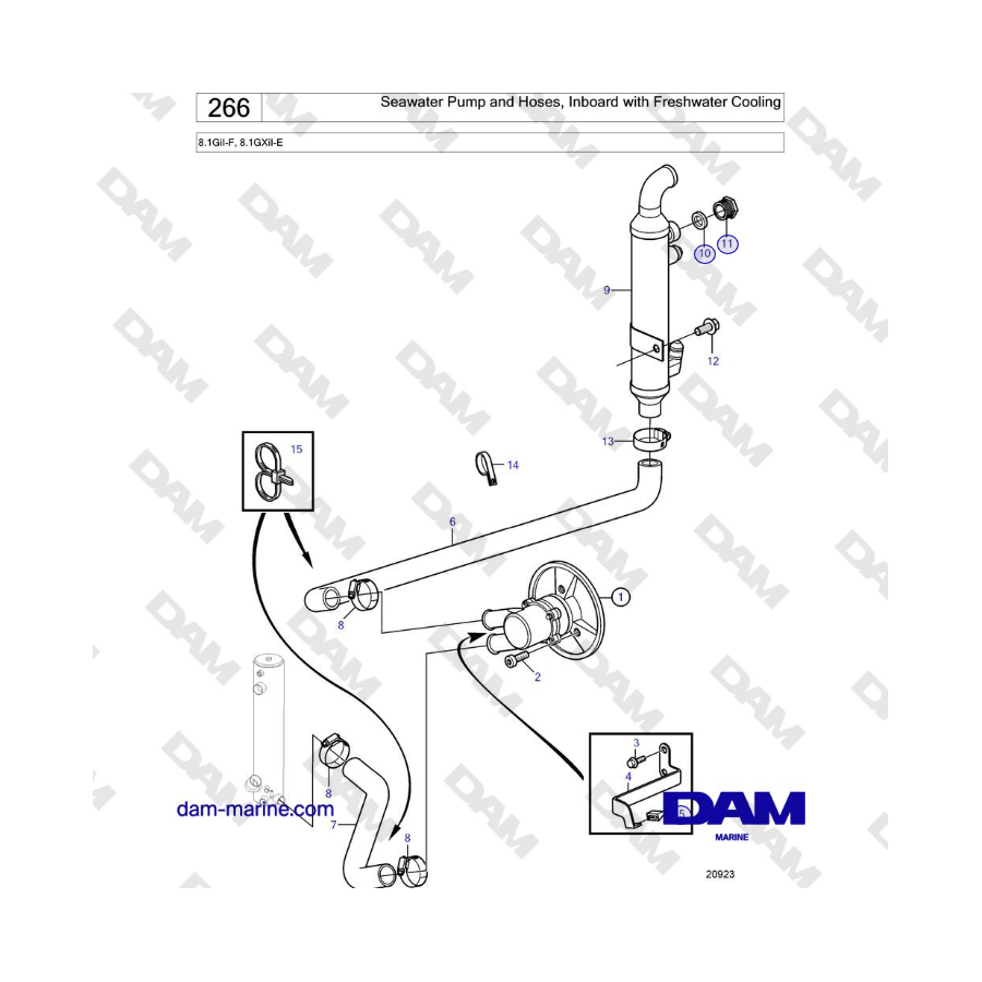 Volvo Penta 8.1GiI-F, 8.1GXiI-E - Bomba de agua de mar y mangueras, motor intraborda con refrigeración por agua dulce 