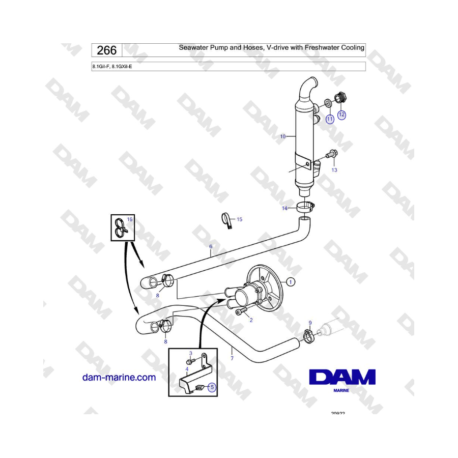 Volvo Penta 8.1GiI-F, 8.1GXiI-E - Seawater Pump and Hoses, V-drive with Freshwater Cooling