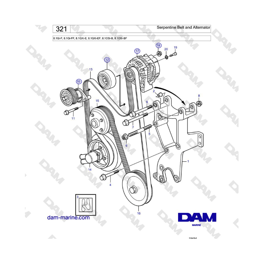 Volvo Penta 8.1Gi-F, 8.1Gi-FF, 8.1GXi-E, 8.1GXi-EF - Correa serpentina y alternador 