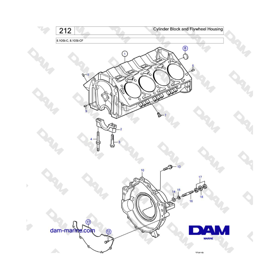 Volvo Penta 8.1OSi-C, 8.1OSi-CF - Cylinder Block and Flywheel Housing