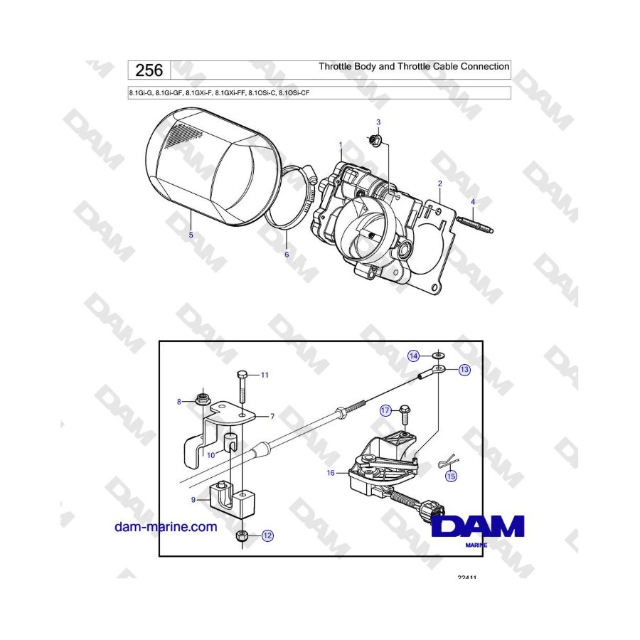 Volvo Penta 8.1Gi-G, 8.1Gi-GF, 8.1GXi-F, 8.1GXi-FF - Collegamento corpo farfallato e cavo acceleratore