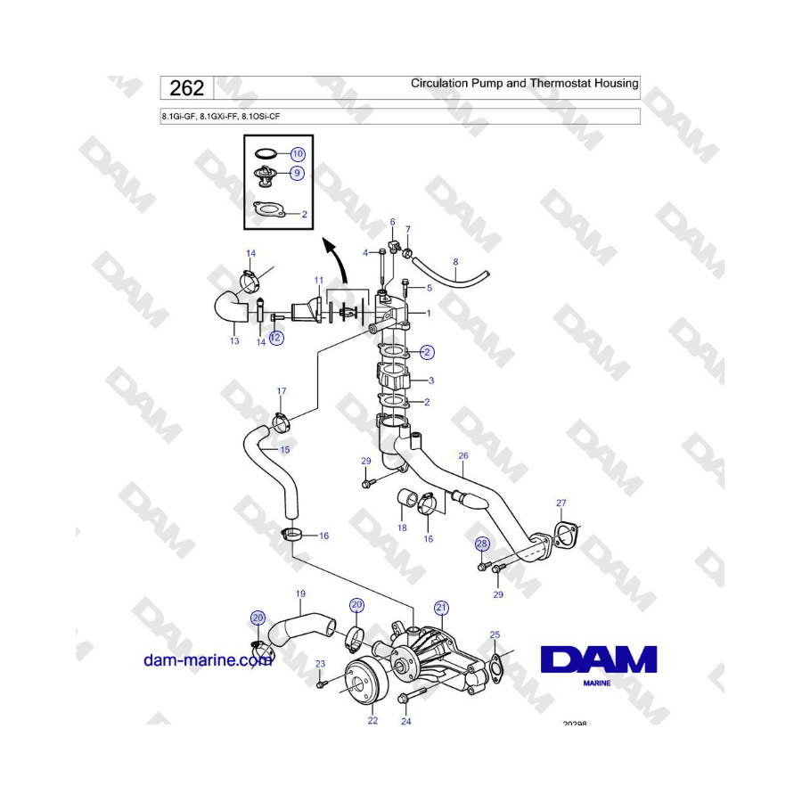 Volvo Penta 8.1Gi-GF, 8.1GXi-FF, 8.1OSi-CF - Pompa di circolazione e alloggiamento del termostato