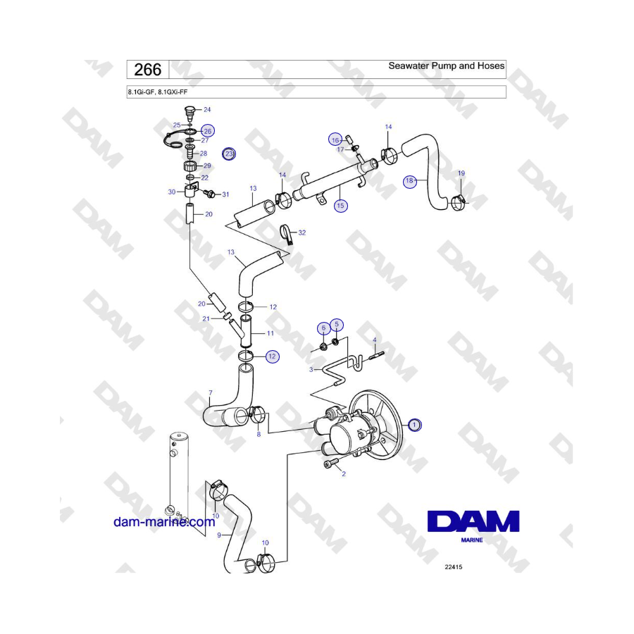 Volvo Penta 8.1Gi-GF, 8.1GXi-FF - Seawater Pump and Hoses