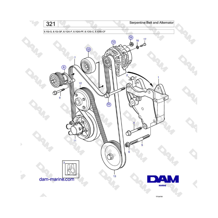 Volvo Penta 8.1Gi-G, 8.1Gi-GF, 8.1GXi-F, 8.1GXi-FF - Cinghia serpentina e alternatore 