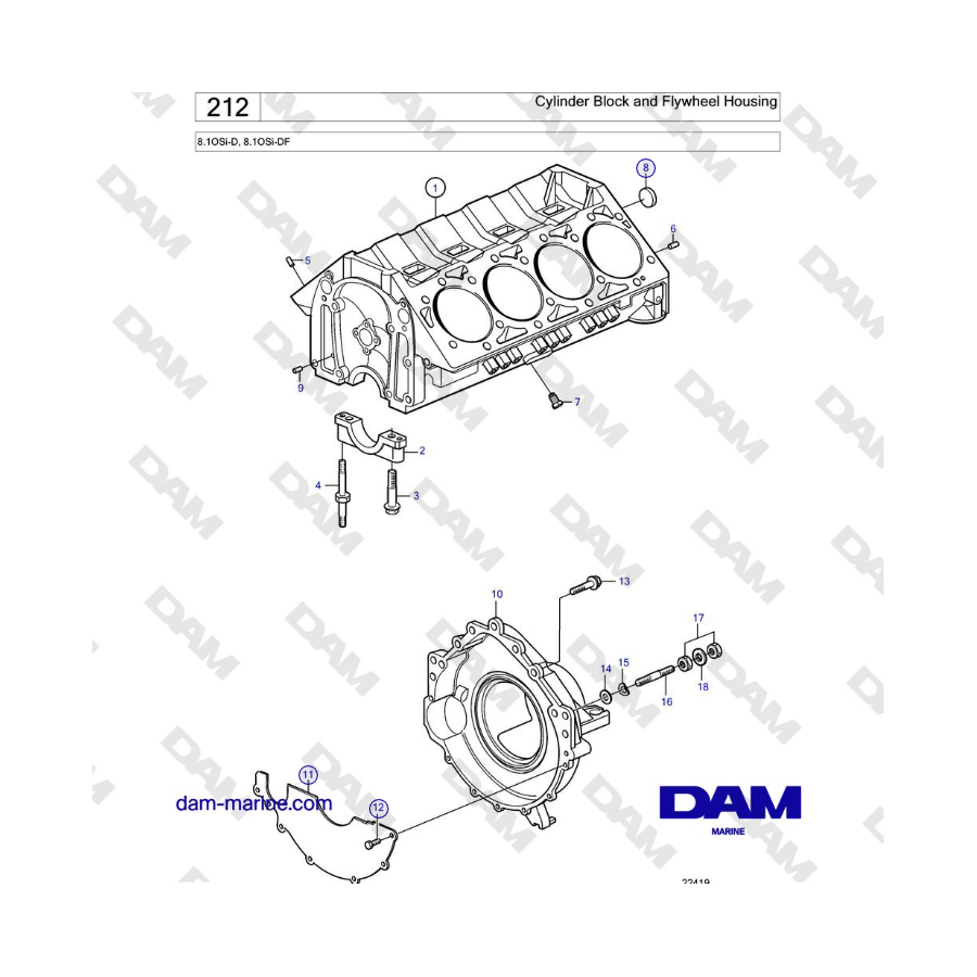 Volvo Penta 8.1OSi-D, 8.1OSi-DF - Bloque de cilindros y carcasa del volante 