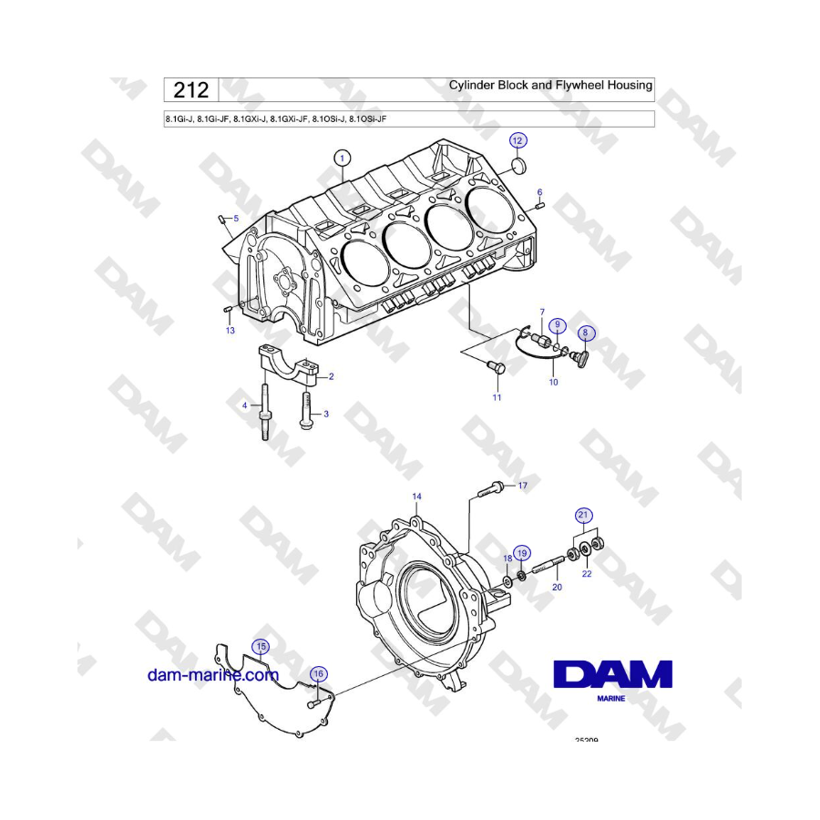 Volvo Penta 8.1Gi-J, 8.1Gi-JF, 8.1GXi-J, 8.1GXi-JF - Cylinder Block and Flywheel Housing