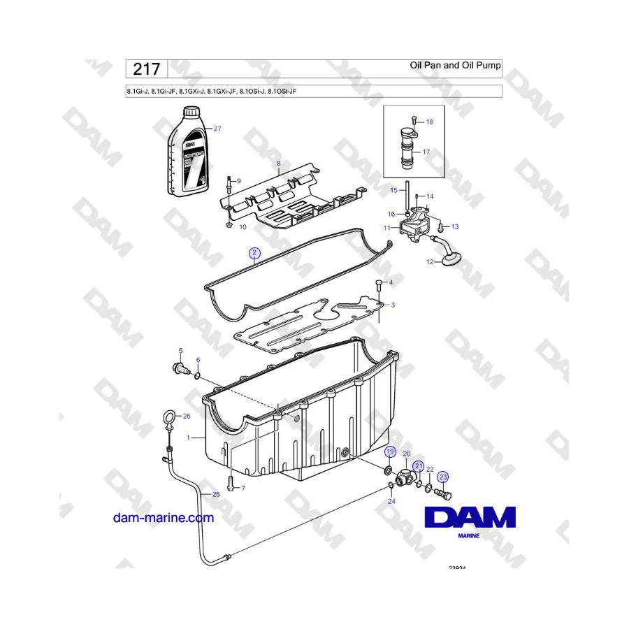 Volvo Penta 8.1Gi-J, 8.1Gi-JF, 8.1GXi-J, 8.1GXi-JF, 8.1OSi-J, 8.1OSi-JF - Cárter de aceite y bomba de aceite