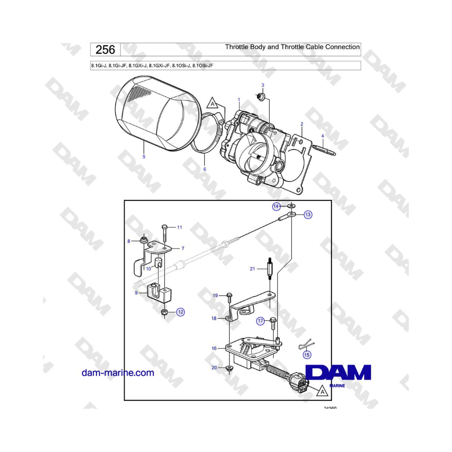Volvo Penta 8.1Gi-J, 8.1Gi-JF, 8.1GXi-J, 8.1GXi-JF, 8.1OSi-J, 8.1OSi-JF - Throttle Body and Throttle Cable Connection