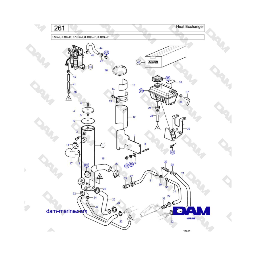 Volvo Penta 8.1Gi-J, 8.1Gi-JF, 8.1GXi-J, 8.1GXi-JF, 8.1OSi-JF - Heat Exchanger