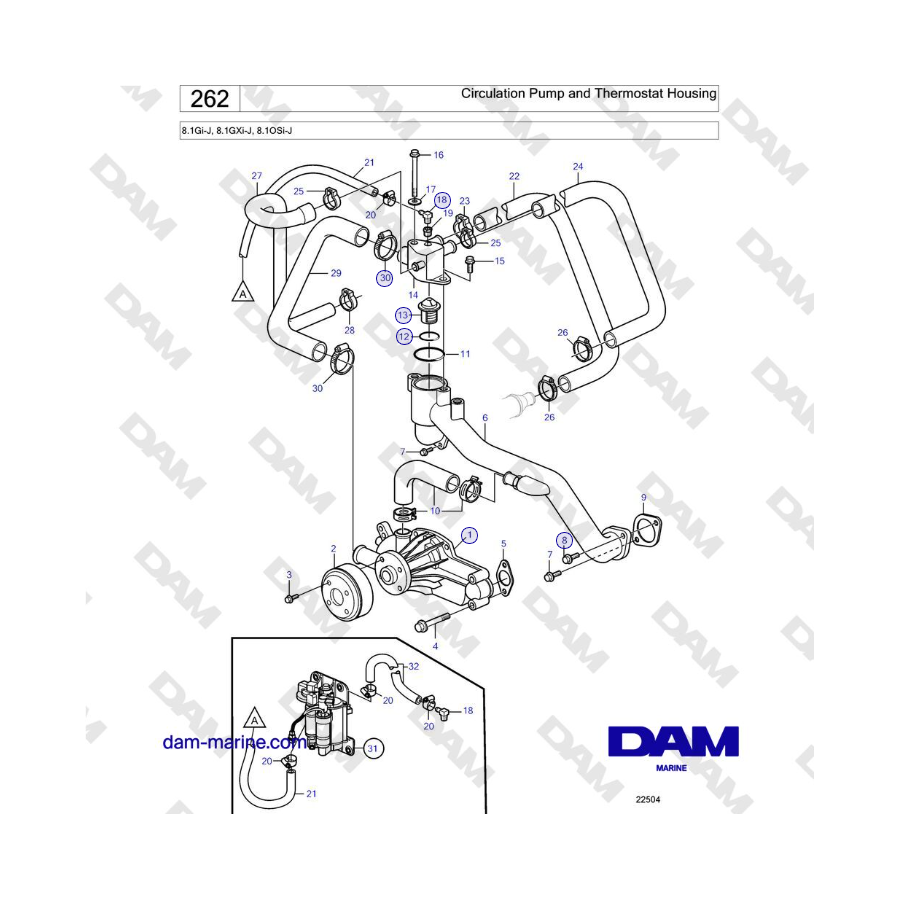 Volvo Penta 8.1Gi-J, 8.1GXi-J, 8.1OSi-J - Circulation Pump and Thermostat Housing