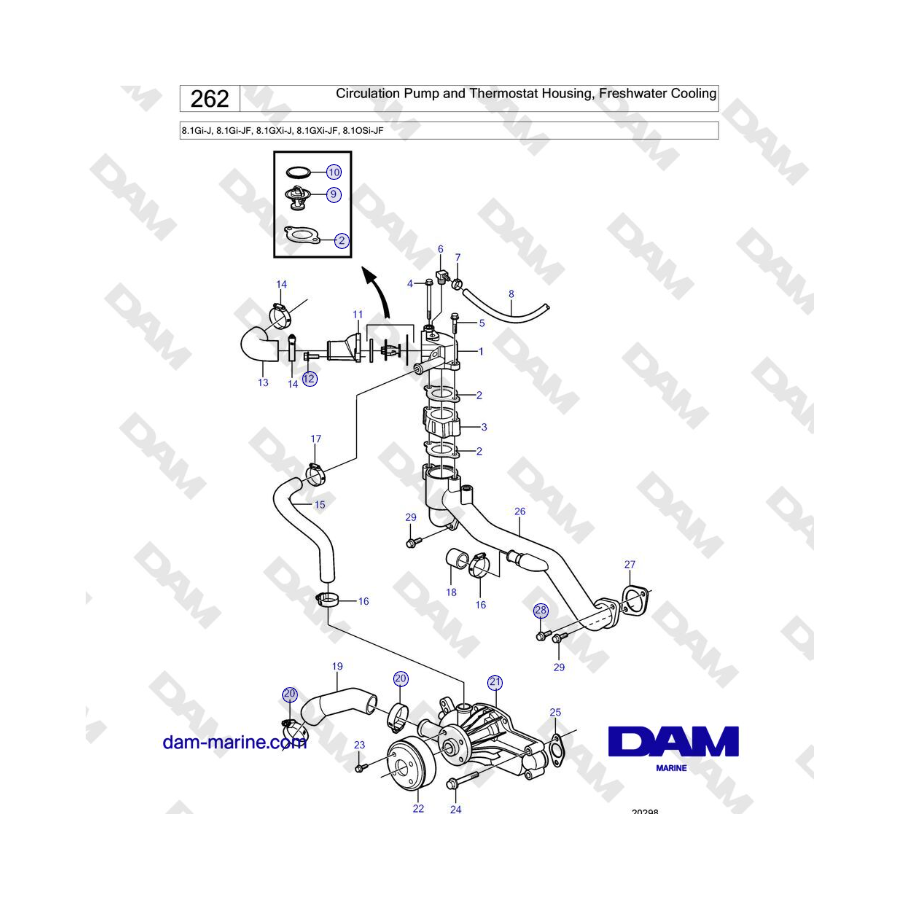 Volvo Penta 8.1Gi-J, 8.1Gi-JF, 8.1GXi-J, 8.1GXi-JF, 8.1OSi-JF - Circulation Pump and Thermostat Housing, Freshwater Cooling