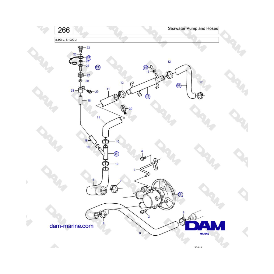 Volvo Penta 8.1Gi-J, 8.1GXi-J - Bomba de agua de mar y mangueras
