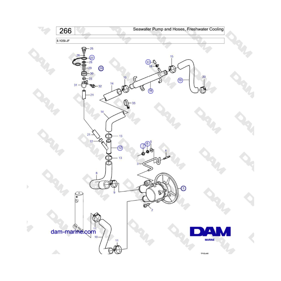 Volvo Penta 8.1OSi-JF - Bomba de agua de mar y mangueras, refrigeración por agua dulce
