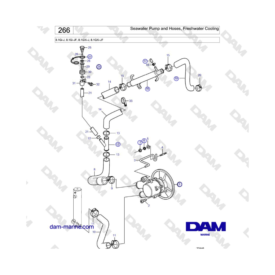 Volvo Penta 8.1Gi-J, 8.1Gi-JF, 8.1GXi-J, 8.1GXi-JF - Pompa e tubi dell'acqua di mare, raffreddamento ad acqua dolce