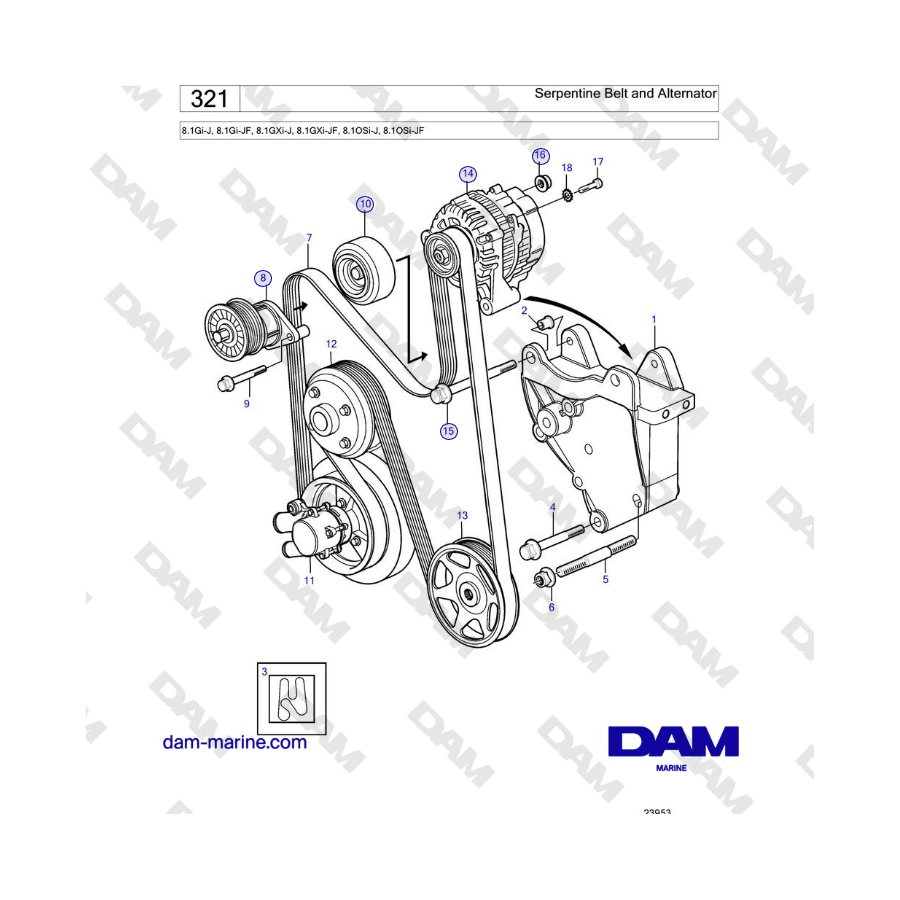Volvo Penta 8.1Gi-J, 8.1Gi-JF, 8.1GXi-J, 8.1GXi-JF, 8.1OSi-J, 8.1OSi-JF - Serpentine Belt and Alternator