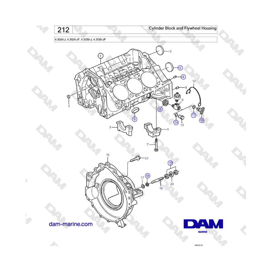 Volvo Penta 4.3GXi-J, 4.3GXi-JF, 4.3OSi-J, 4.3OSi-JF - Bloque de cilindros y carcasa del volante