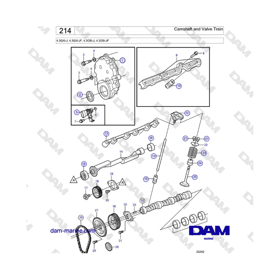 Volvo Penta 4.3GXi-J, 4.3GXi-JF, 4.3OSi-J, 4.3OSi-JF - Albero a camme e gruppo valvole