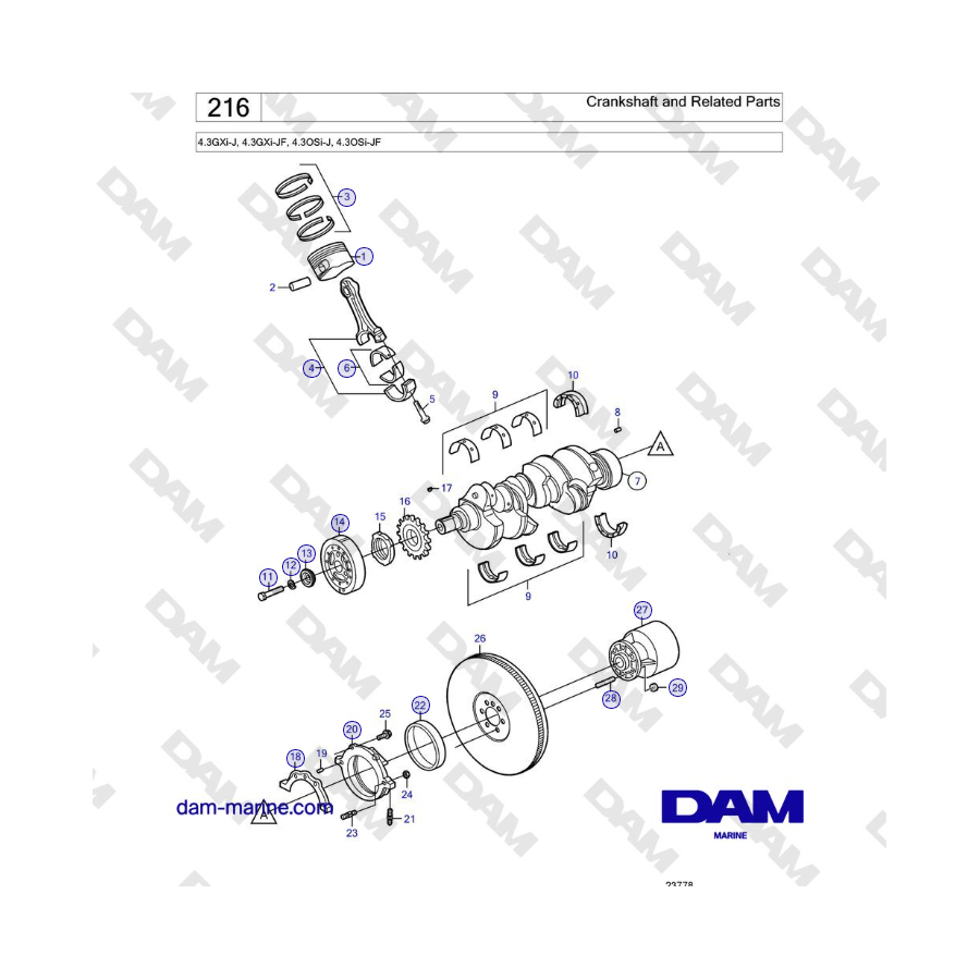 Volvo Penta 4.3GXi-J, 4.3GXi-JF, 4.3OSi-J, 4.3OSi-JF - Albero motore e parti correlate