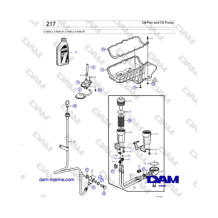 Volvo Penta 4.3GXi-J, 4.3GXi-JF, 4.3OSi-J, 4.3OSi-JF - Coppa dell'olio e pompa dell'olio 