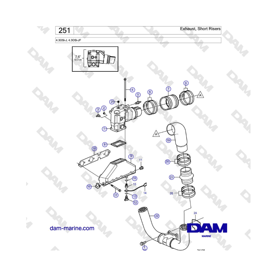 Volvo Penta 4.3OSi-J, 4.3OSi-JF - Exhaust, Short Risers