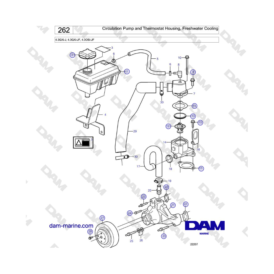 Volvo Penta 4.3GXi-J, 4.3GXi-JF, 4.3OSi-JF - Circulation Pump and Thermostat Housing, Freshwater Cooling