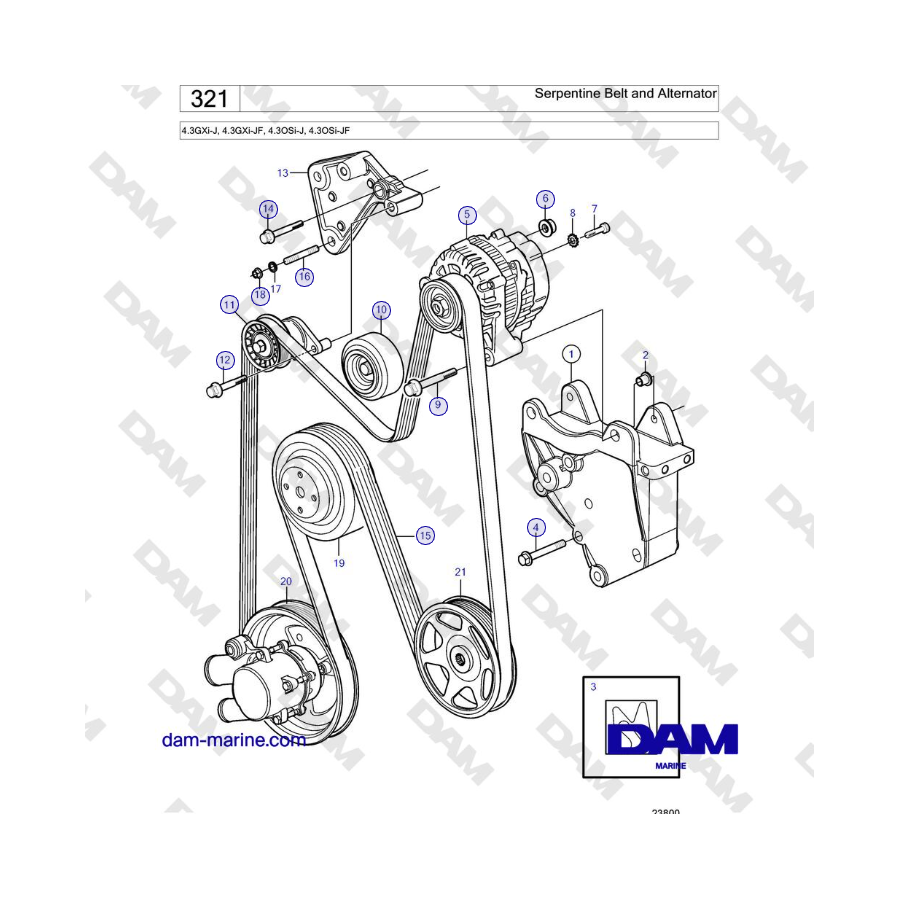 Volvo Penta 4.3GXi-J, 4.3GXi-JF, 4.3OSi-J, 4.3OSi-JF - Cinghia serpentina e alternatore
