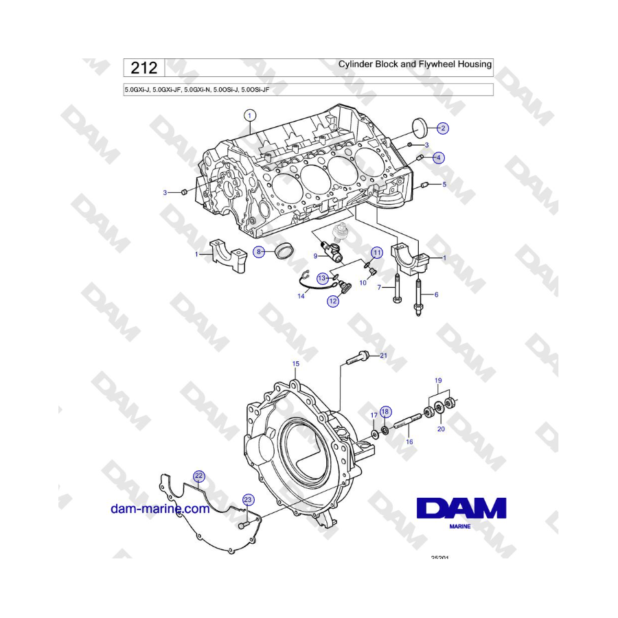 Volvo Penta 5.0GXi-J, 5.0GXi-JF, 5.0GXi-N, 5.0OSi-J, 5.0OSi-JF - Blocco cilindri e alloggiamento volano 