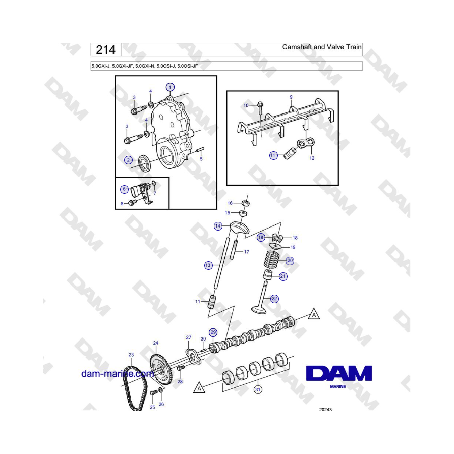 Volvo Penta 5.0GXi-J, 5.0GXi-JF, 5.0GXi-N, 5.0OSi-J, 5.0OSi-JF - Camshaft and Valve Train