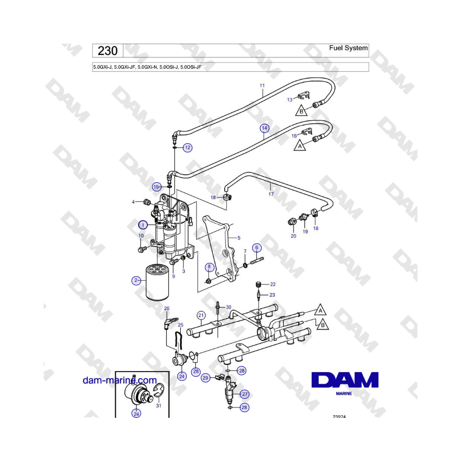 Volvo Penta 5.0GXi-J, 5.0GXi-JF, 5.0GXi-N, 5.0OSi-J, 5.0OSi-JF - Fuel System 