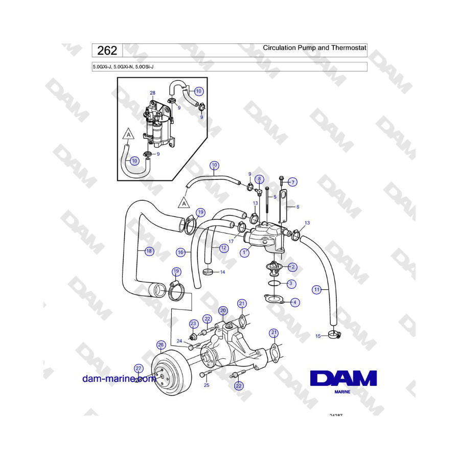 Volvo Penta 5.0GXi-J, 5.0GXi-N, 5.0OSi-J - Pompa di circolazione e termostato