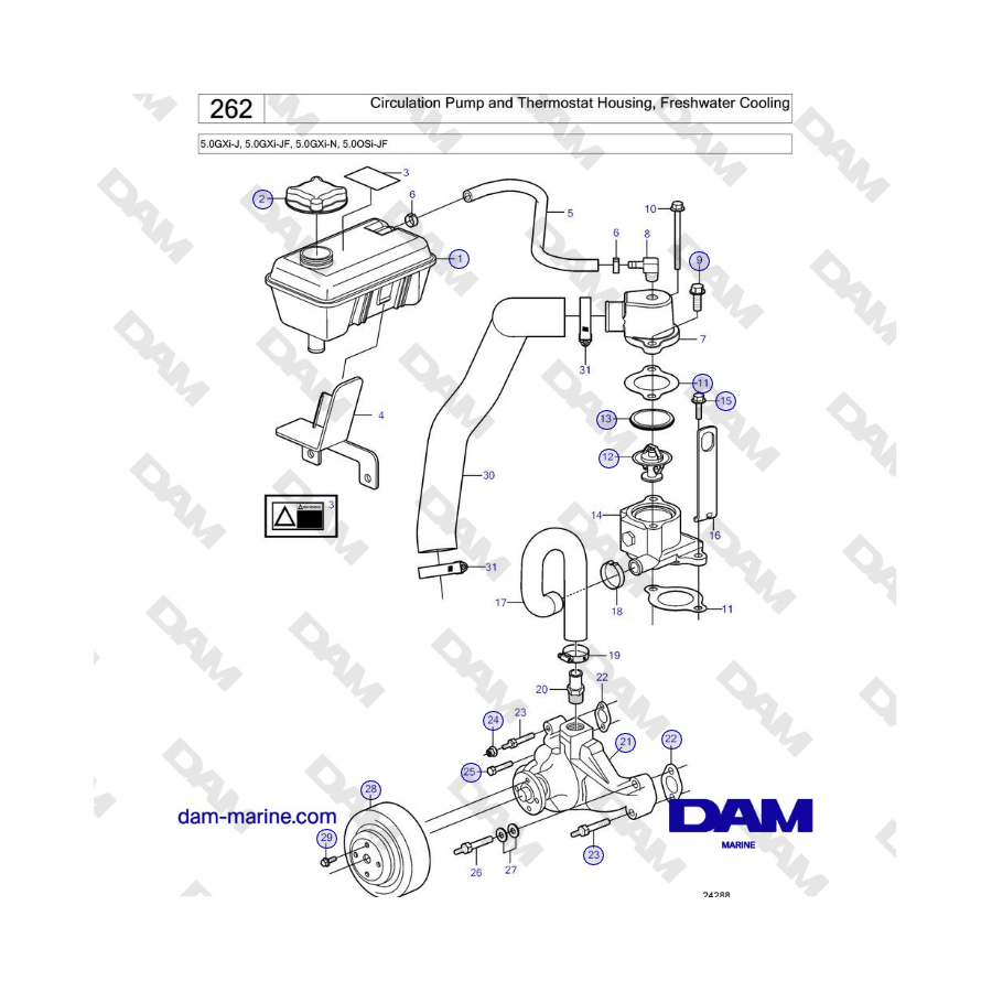 Volvo Penta 5.0GXi-J, 5.0GXi-JF, 5.0GXi-N, 5.0OSi-JF - Circulation Pump and Thermostat Housing, Freshwater Cooling