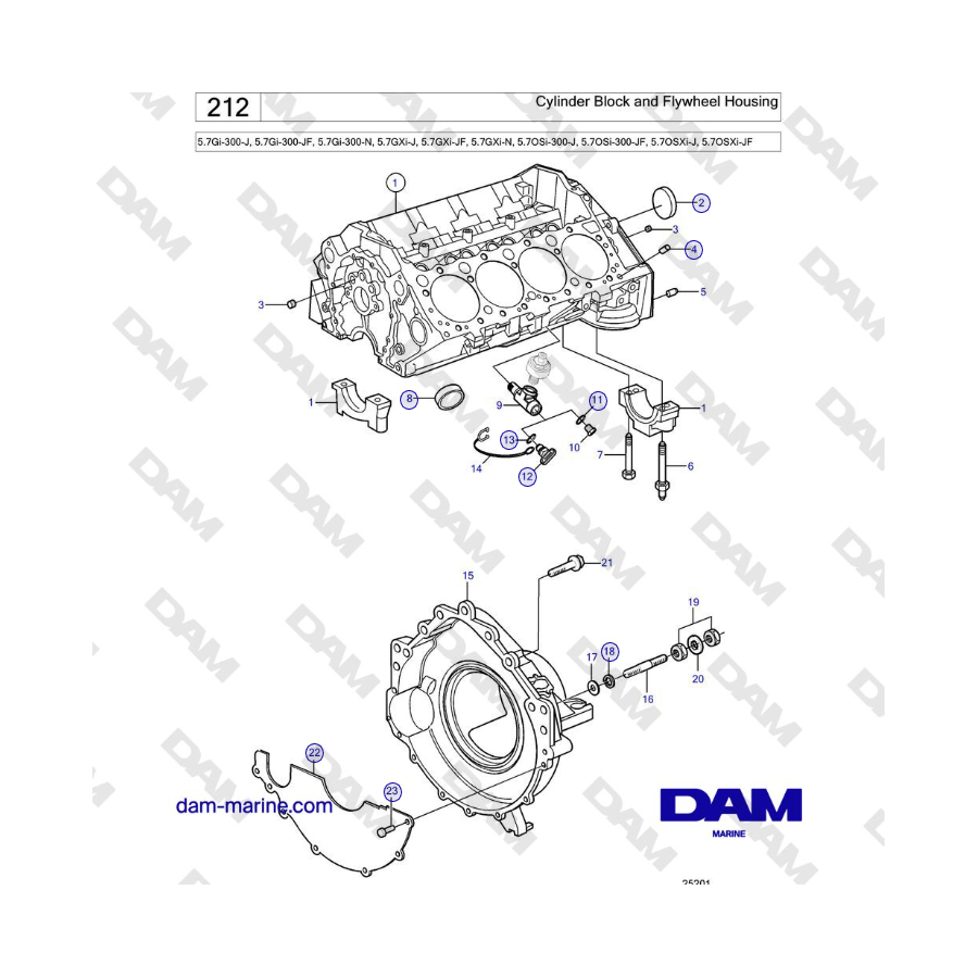 Volvo Penta 5.7GXi-J, 5.7GXi-JF, 5.7GXi-N - Bloque de cilindros y carcasa del volante