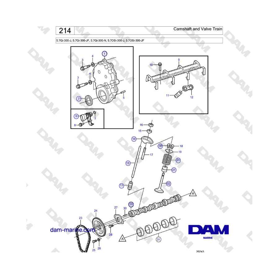 Volvo Penta 5.7Gi-300-J, 5.7Gi-300-JF, 5.7Gi-300-N, 5.7OSi-300-J, 5.7OSi-300-JF - Árbol de levas y tren de válvulas