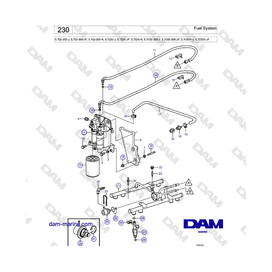 Volvo Penta 5.7Gi-300-J, 5.7Gi-300-JF, 5.7Gi-300-N, 5.7GXi-J, 5.7GXi-JF - Fuel System