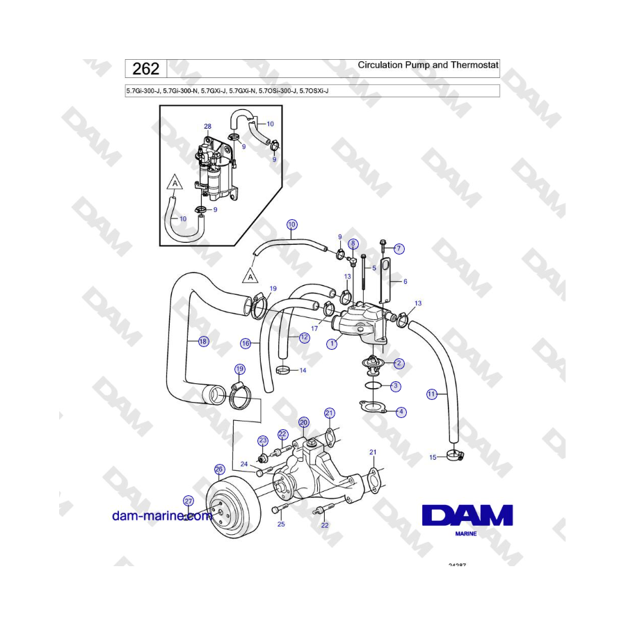 Volvo Penta 5.7Gi-300-J, 5.7Gi-300-N, 5.7GXi-J, 5.7GXi-N - Pompa di circolazione e termostato 