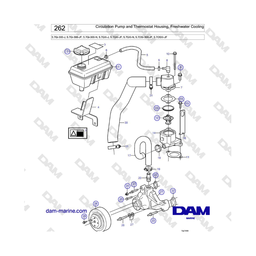 Volvo Penta 5.7Gi-300-J, 5.7Gi-300-JF, 5.7Gi-300-N, 5.7GXi-J, 5.7GXi-JF - Circulation Pump and Thermostat Housing