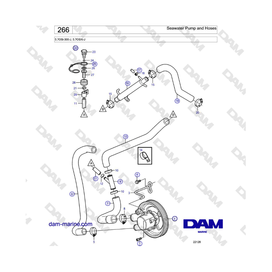 Volvo Penta 5.7OSi-300-J, 5.7OSXi-J - Seawater Pump and Hoses 