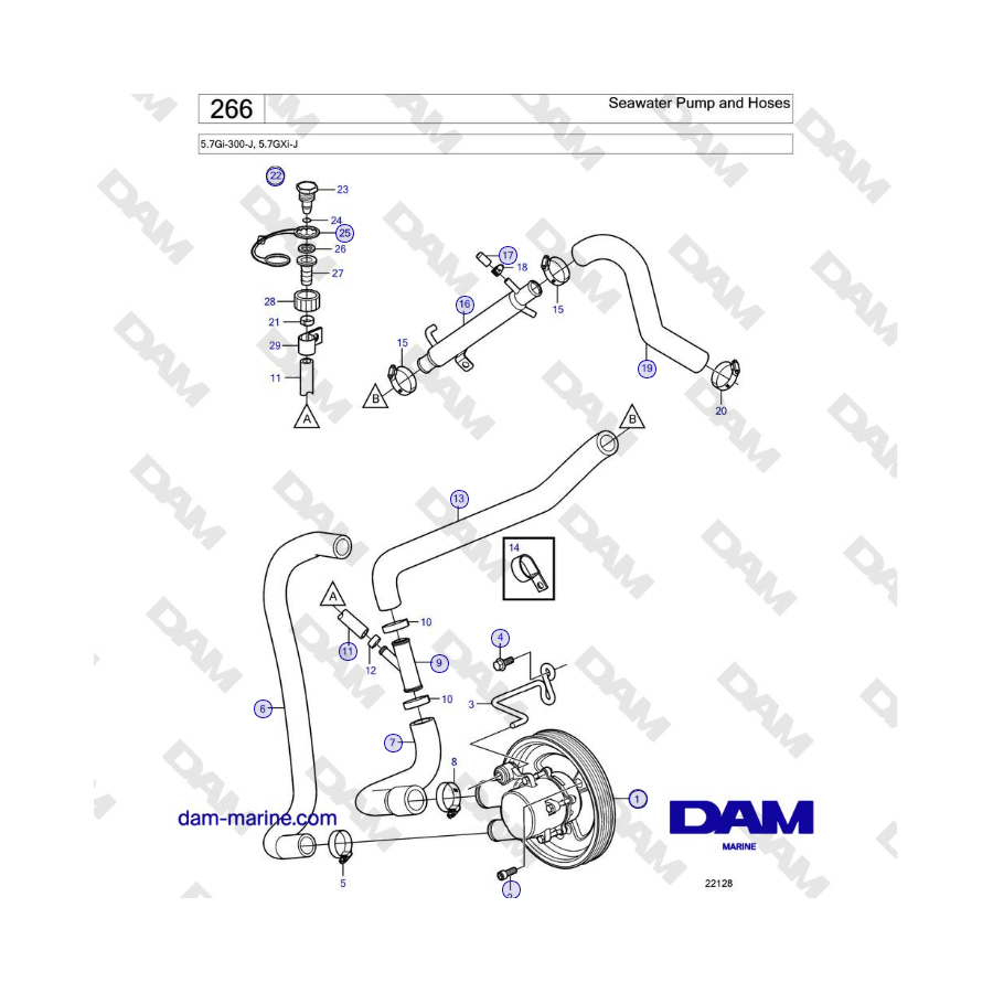Volvo Penta 5.7Gi-300-J, 5.7GXi-J - Seawater Pump and Hoses 