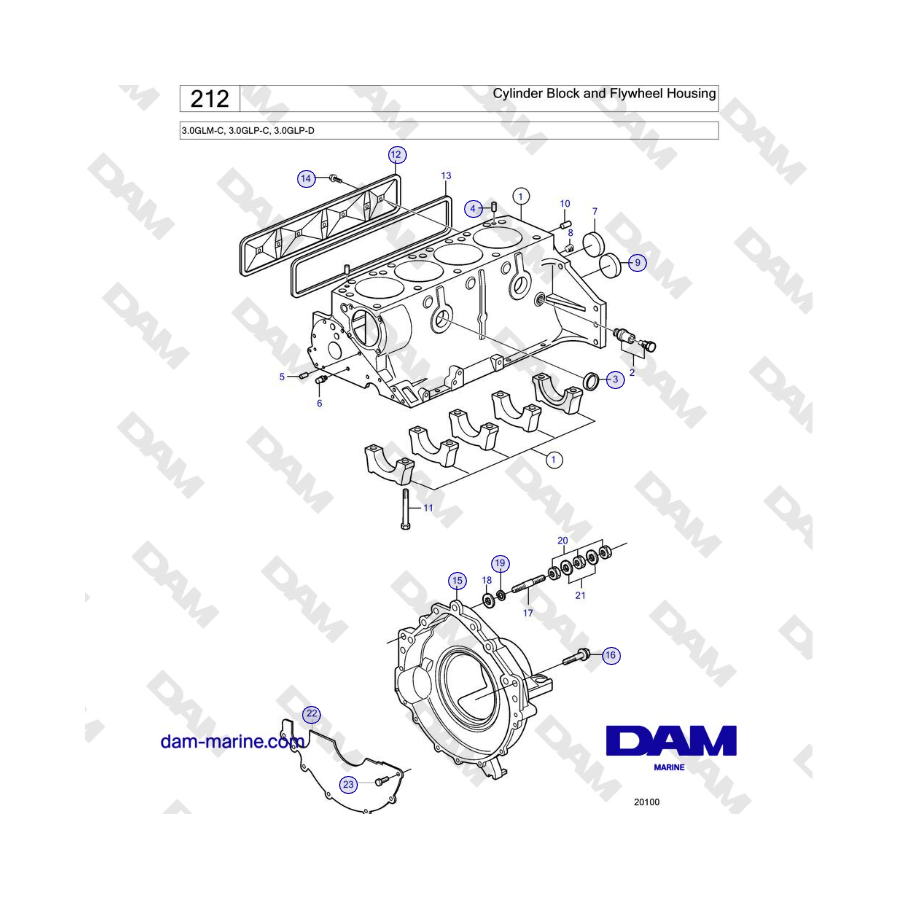 Volvo Penta 3.0GLM-C, 3.0GLP-C, 3.0GLP-D - Cylinder Block and Flywheel Housing 