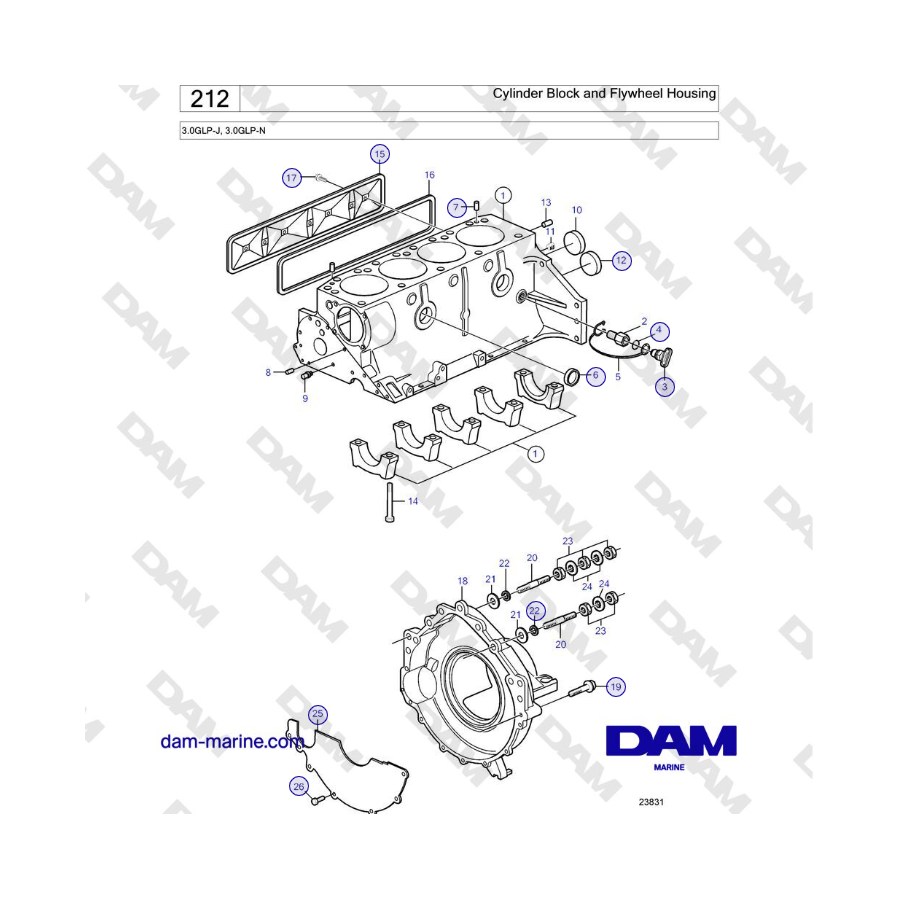Volvo Penta 3.0GLP-J, 3.0GLP-N - Cylinder Block and Flywheel Housing