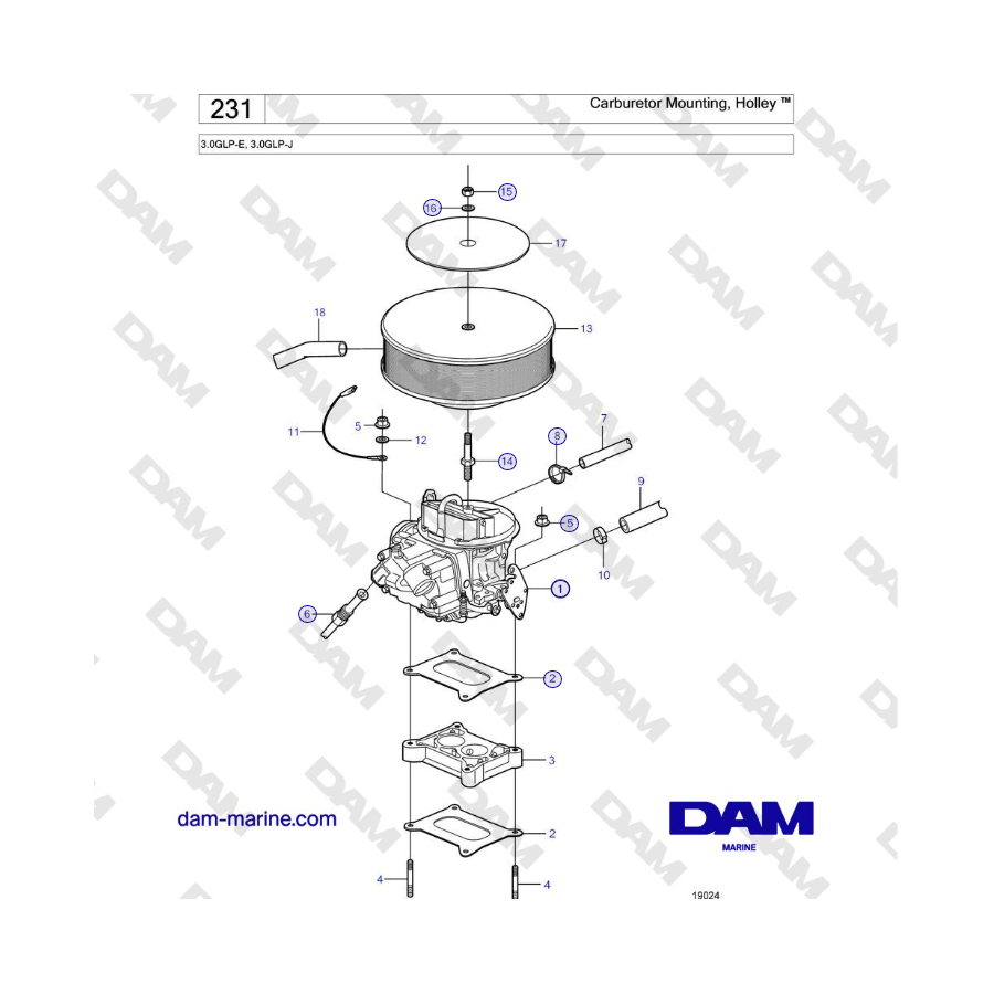 Volvo Penta 3.0GLP-E, 3.0GLP-J - Carburetor Mounting, Holley â"¢ 