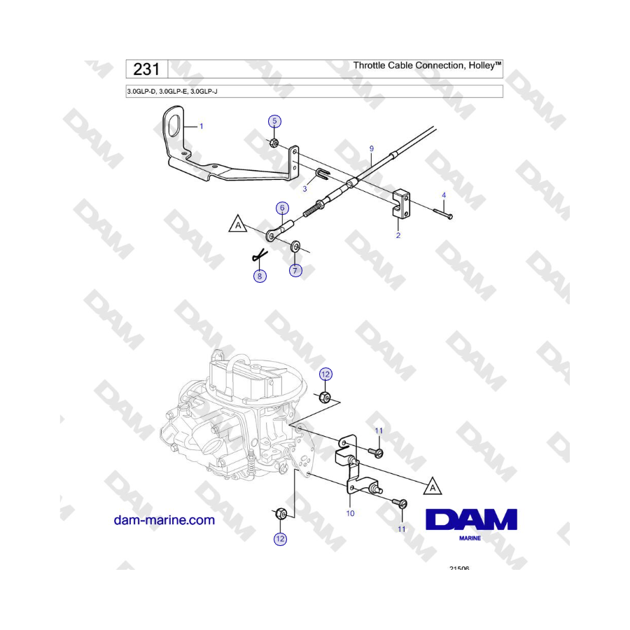 Volvo Penta 3.0GLP-D, 3.0GLP-E, 3.0GLP-J - Conexión del cable del acelerador, Holley™ 