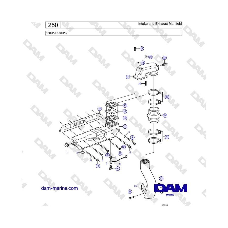 Volvo Penta 3.0GLP-J, 3.0GLP-N - Collettore di aspirazione e scarico 