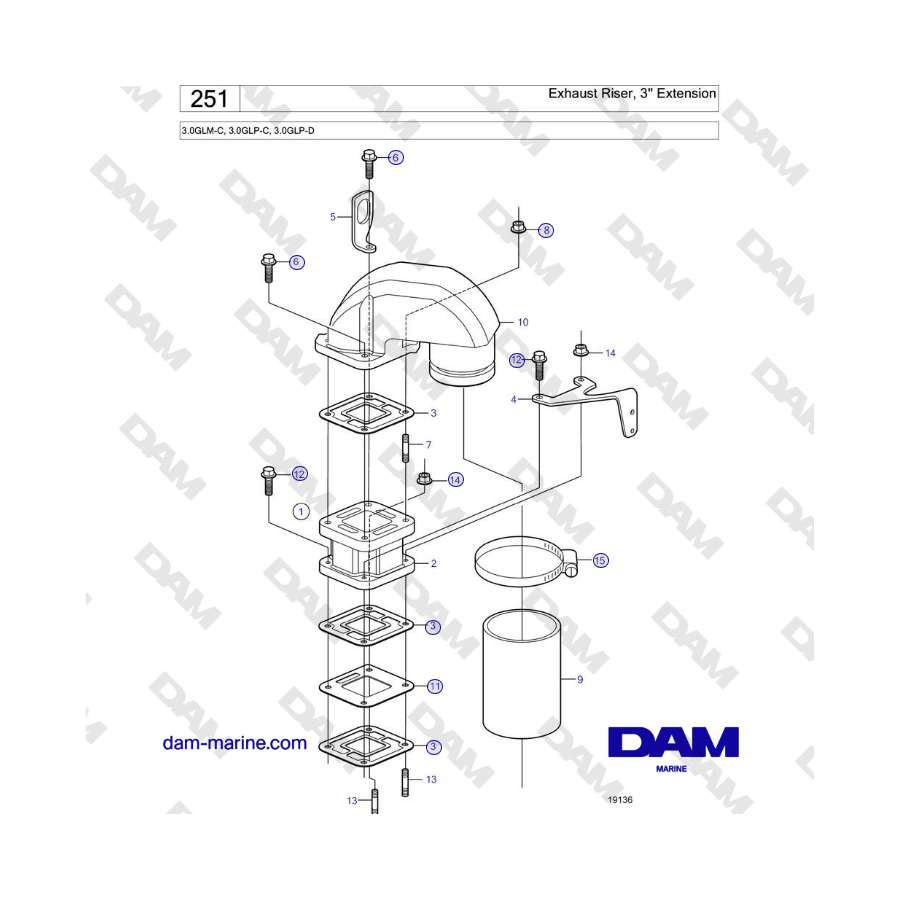 Volvo Penta 3.0GLM-C, 3.0GLP-C, 3.0GLP-D - Riser di scarico, estensione da 3'' 