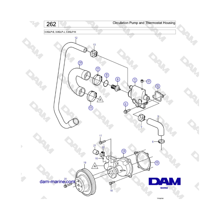 Volvo Penta 3.0GLP-E, 3.0GLP-J, 3.0GLP-N - Circulation Pump and Thermostat Housing