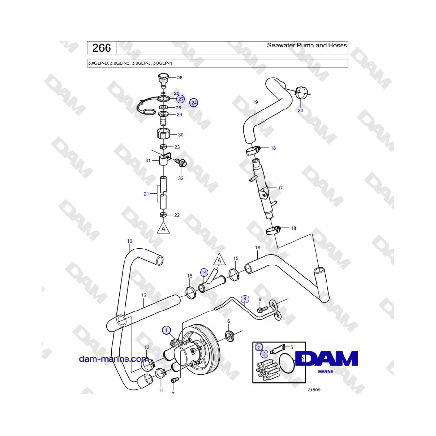 Volvo Penta 3.0GLP-D, 3.0GLP-E, 3.0GLP-J, 3.0GLP-N - Bomba de agua de mar y mangueras