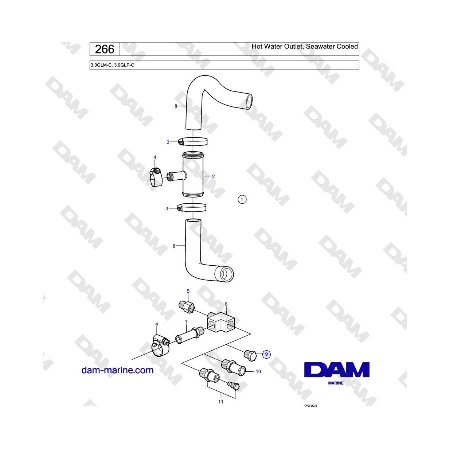 Volvo Penta 3.0GLM-C, 3.0GLP-C - Hot Water Outlet, Seawater Cooled 