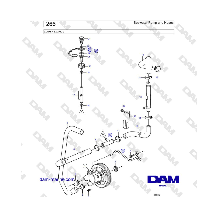 Volvo Penta 3.0GXi-J, 3.0GXiC-J - Pompa acqua di mare e tubi flessibili 