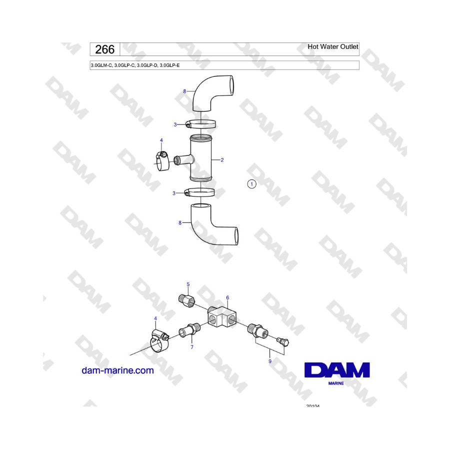 Volvo Penta 3.0GLM-C, 3.0GLP-C, 3.0GLP-D, 3.0GLP-E - Hot Water Outlet